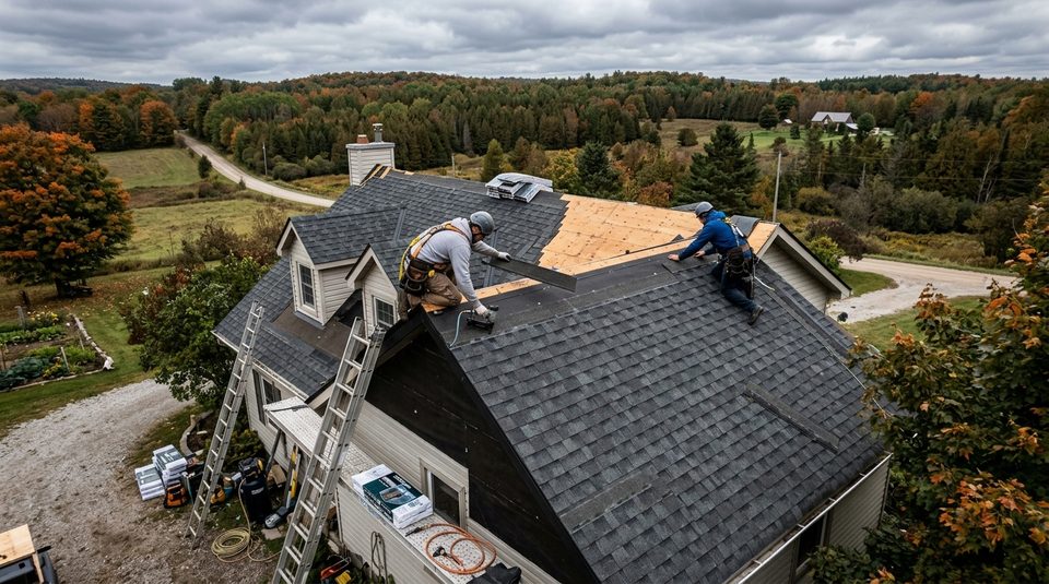Roofing contractor installing asphalt shingles on a residential roof in Renfrew County, Ontario